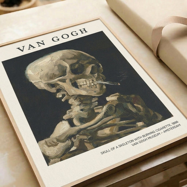 Edgy memento mori poster featuring a human skull with cigarette in impressionist style, rich with burnt sienna and charcoal tones against cream background.