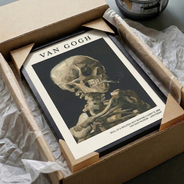 Dark academia wall art showing skull and cigarette composition in vintage impressionist technique, featuring sophisticated palette of greys, olives, and warm earth tones.