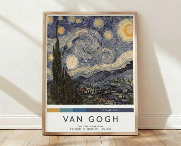Framed art print of Van Gogh's Starry Night, featuring a swirling night sky in deep blue and golden yellow with a crescent moon, cypress tree, and sleeping village below.