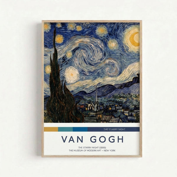 Van Gogh Impressionist poster showing a dreamlike celestial landscape with expressive brushstrokes, stars and moon glowing against deep blue tones above a quiet village.