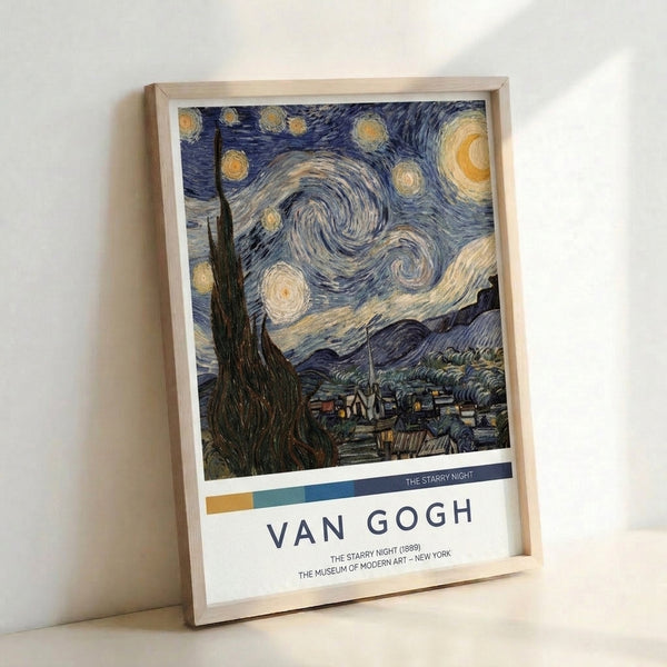 Contemplative night sky art print depicting swirling clouds and stars in golden yellow and blue, a dark cypress rising from a peaceful village with church spire.