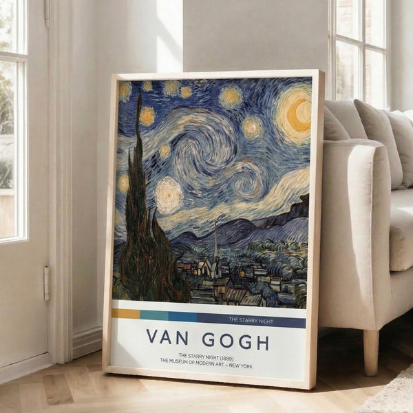 Framed poster of the iconic Starry Night painting with its characteristic swirling atmosphere, pale cream and yellow stars punctuating a rich blue evening sky.
