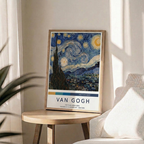 Van Gogh masterpiece print showing a tranquil village nestled beneath mountains under a celestial sky alive with swirling patterns and glowing stars.