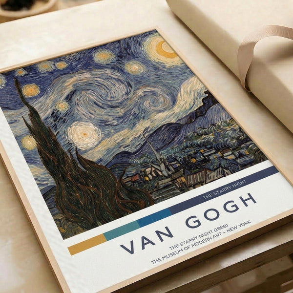Framed Starry Night reproduction with Van Gogh's distinctive flowing brushwork creating movement through a deep blue sky crowned with golden stars and crescent moon.