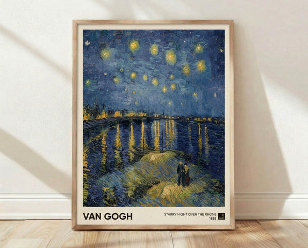 Impressionist framed poster of a starry night sky over a river with luminous stars and crescent moon, rendered in deep blues and bright yellows with olive and purple tones.