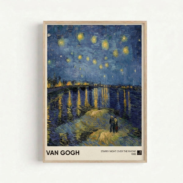 Vintage art print featuring a romantic riverside scene under a swirling starlit sky, with warm yellow stars against deep blue tones creating a serene, contemplative mood.