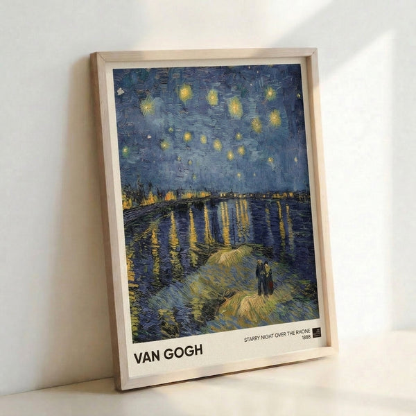 Impressionist wall art depicting a peaceful night landscape with a glowing sky full of stars reflected in calm water below, in rich blues, yellows, and purple hues.