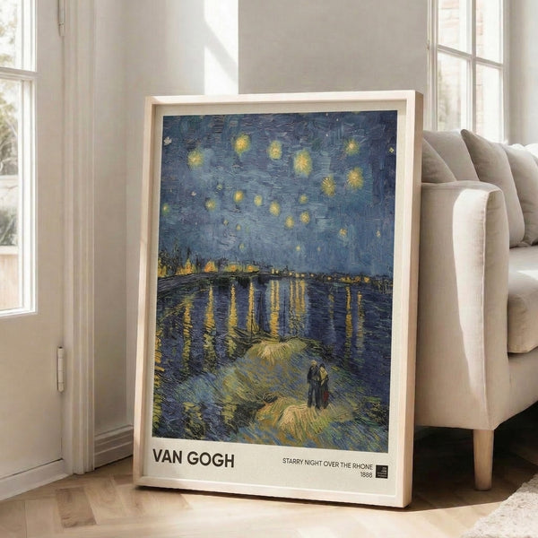 Framed vintage-style poster showing a dreamy nocturnal scene with a starry sky and river, featuring luminous celestial elements in cream, gold, and deep indigo tones.