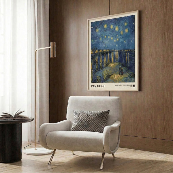 Contemplative night sky wall art in impressionist style, depicting stars and reflection over water with a harmonious palette of deep blue, bright yellow, and soft cream.