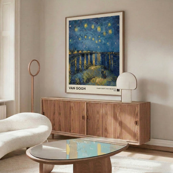 Vintage impressionist framed artwork showcasing a luminous starry evening scene reflected in a flowing river, rendered in rich blues, yellows, purples, and olive greens.