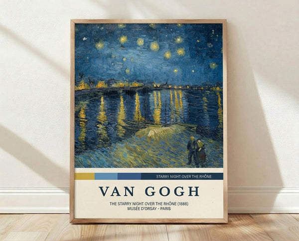 Van Gogh's Starry Night Over Rhone framed poster featuring a luminous night sky with swirling stars above a river town, rendered in deep blues and golden yellows with impressionist brushwork.