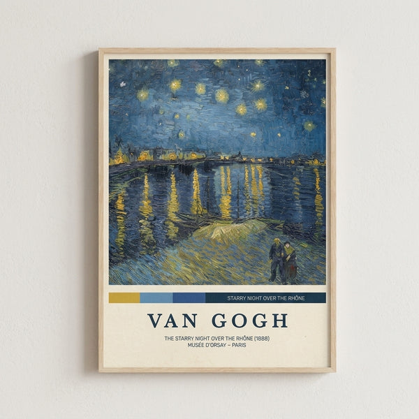 Framed art print of Van Gogh's iconic riverside scene at night, showing starlit sky reflecting on water with contemplative mood in navy, cream, and warm gold tones.