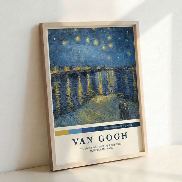 Van Gogh Starry Night Over Rhone wall art displaying dreamy night landscape with glowing stars, calm river, and distant town lit in serene impressionist style.