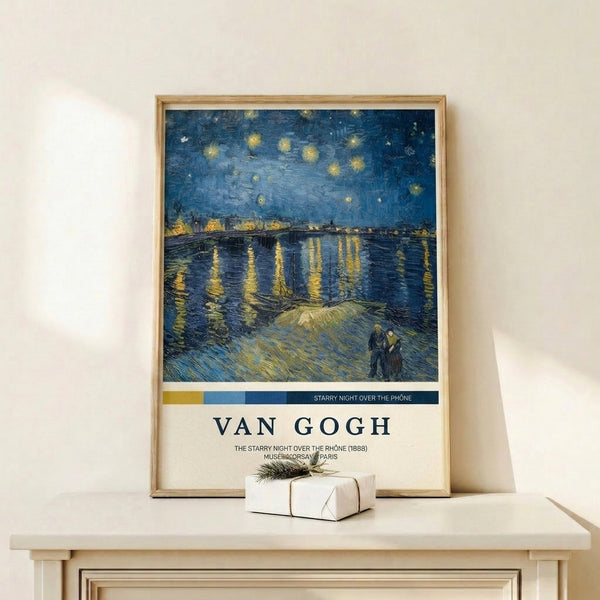 Vintage-style framed poster of Van Gogh's luminous nocturnal river scene, featuring swirling celestial elements and golden light against deep midnight blue.