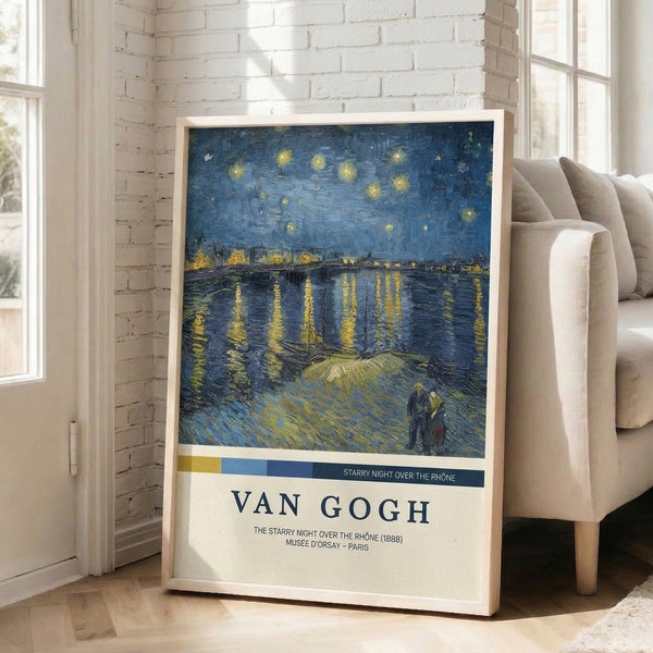 Impressionist night scene poster showing Van Gogh's Starry Night Over Rhone with boats on water beneath an ethereal starlit sky in rich blues and pale yellows.