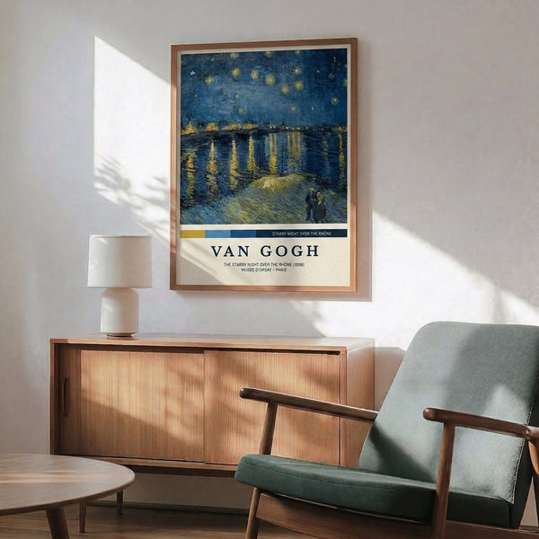 Contemplative framed art print depicting Van Gogh's romantic riverside night with radiant stars and dreamy impressionist brushstrokes in navy, cream, and golden hues.