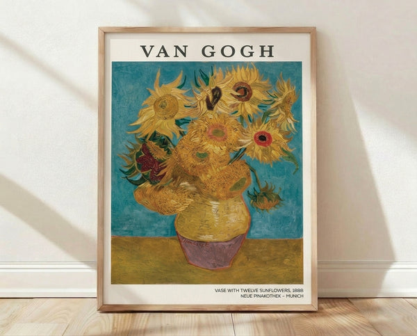 Van Gogh's iconic sunflower arrangement in a simple vase, rendered in bold golden yellows and warm ochres against deep teal blue, capturing the vibrant energy of this 1888 Impressionist masterpiece.