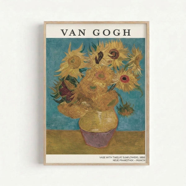 Framed poster of twelve sunflowers in a vase by Van Gogh, featuring characteristic thick brushstrokes in radiant yellows, dusty rose, and rich teal tones, radiating warmth and joy.