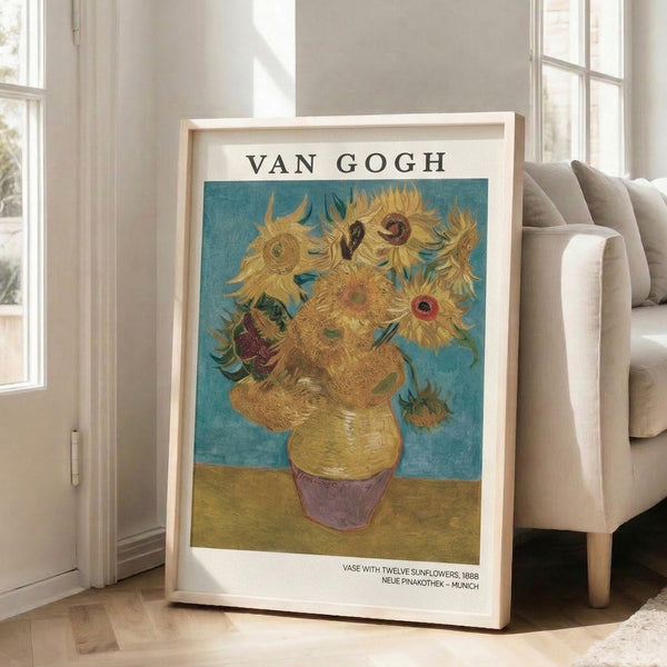 Vintage-style framed art print of Van Gogh's sunflower arrangement, displaying luminous yellows and soft rose tones against moody teal, evoking the joyful spirit of this Impressionist classic.