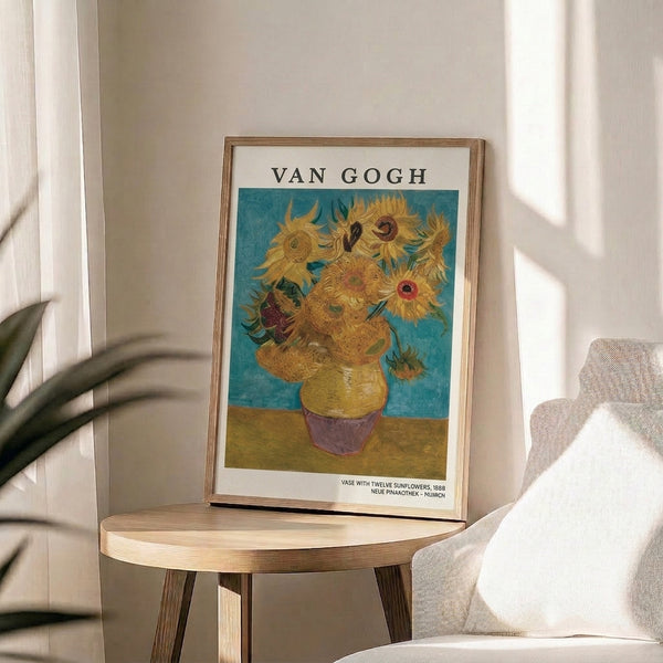 Van Gogh's beloved sunflower composition featuring twelve blooms in golden and ochre yellows with warm rose undertones, set in a simple vase against a contemplative teal backdrop.
