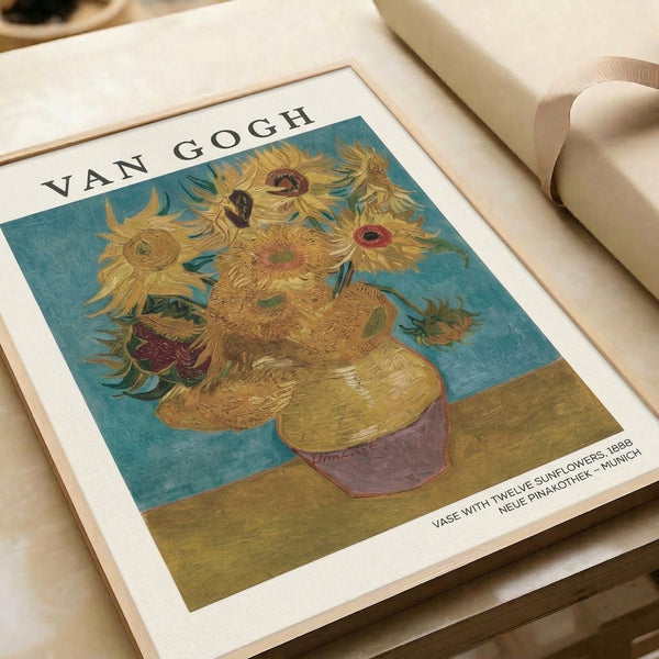Framed poster showcasing Van Gogh's iconic 1888 sunflower still life with bold yellows, dusty rose, and teal tones, capturing the warmth and expressive beauty of this Impressionist treasure.