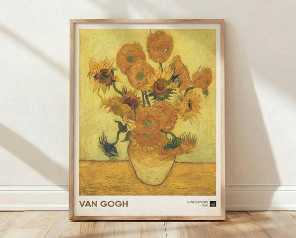 Van Gogh Sunflowers 1889 framed poster featuring a vibrant arrangement of golden and burnt orange blooms in a vase, rendered in warm impressionist brushstrokes.