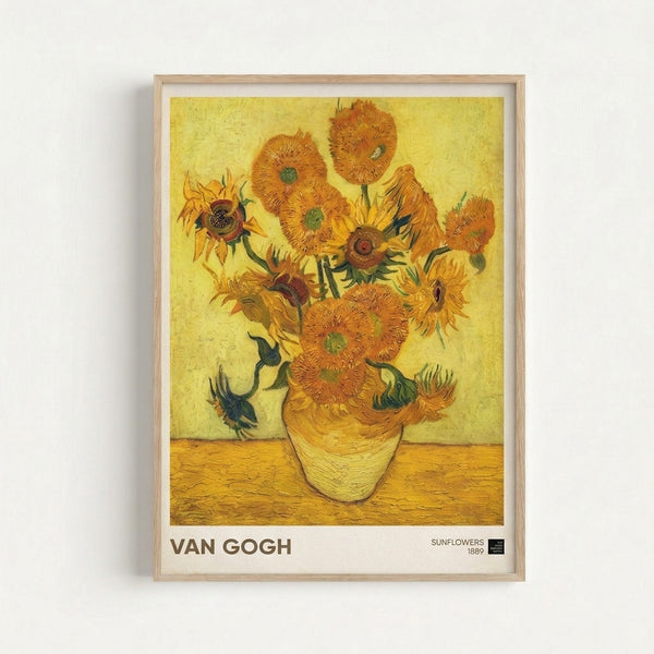 Framed art print of Van Gogh's iconic sunflowers still life with rich yellows and ochre tones capturing the uplifting energy of the classic 1889 composition.