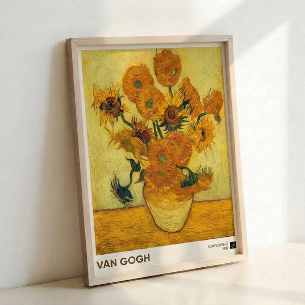 Van Gogh Sunflowers poster displaying luminous pale and golden yellow flowers in a contemplative impressionist style, evoking vintage European artistic mastery.