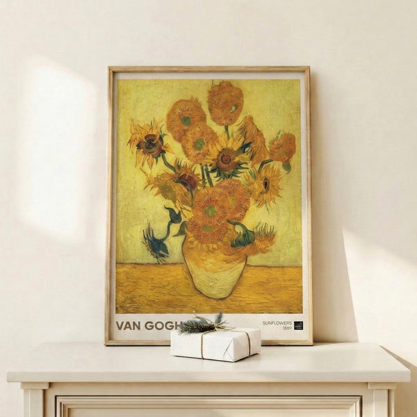 Sunflowers framed wall art in Van Gogh's distinctive technique, with warm golden, orange, and ochre hues creating a vibrant botanical study on canvas.