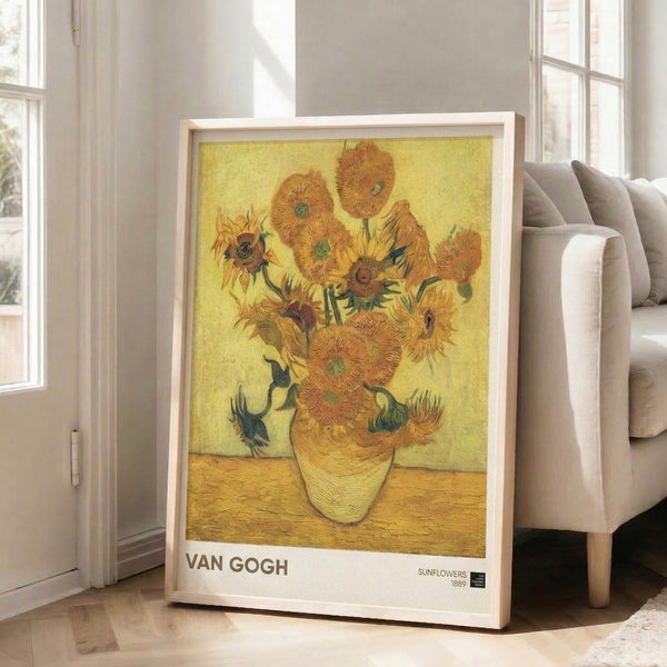 Vintage impressionist sunflower poster featuring Van Gogh's celebrated 1889 arrangement with radiant yellows, burnt orange accents, and expressive brushwork in a frame.