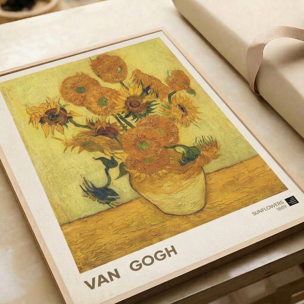 Framed Van Gogh Sunflowers print showcasing the artist's masterful use of golden and warm earth tones to capture the essence of blooming flowers in a vase.