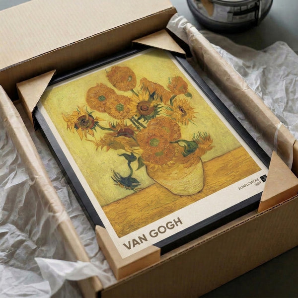 Van Gogh's Sunflowers 1889 as a framed poster, demonstrating impressionist color harmony with luminous yellows and greens in an uplifting floral composition.