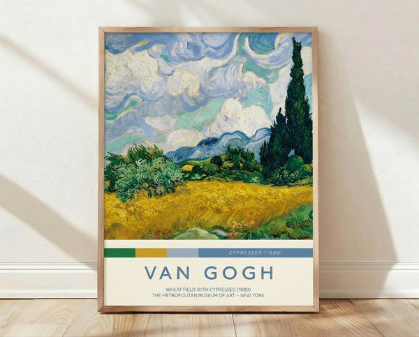 Impressionist landscape poster of a golden wheat field with tall cypress trees and rolling mountains under a dramatic, swirling sky in deep blues and creams.