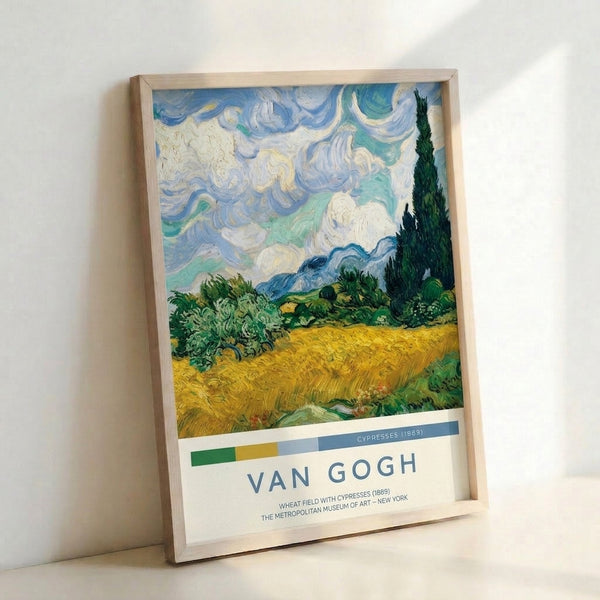 Contemplative landscape artwork depicting a sun-lit wheat field with dark cypress silhouettes and distant peaks, rendered in bold impressionist brushstrokes with warm and cool tones.
