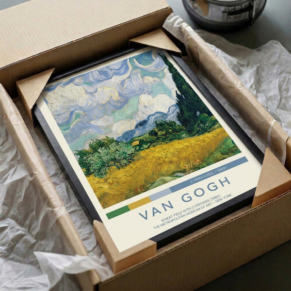 Contemplative impressionist wall print of a luminous wheat field bordered by dark cypress columns and distant mountains, with a dramatic, movement-filled sky above.