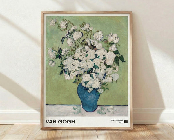 Serene impressionist painting of white roses arranged in a teal blue vase with pale green stems on cream background, framed poster art.