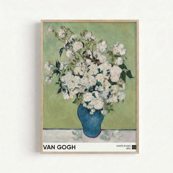 Elegant white flower arrangement in a blue vase rendered in soft impressionist style with contemplative mood, displayed as wall art.