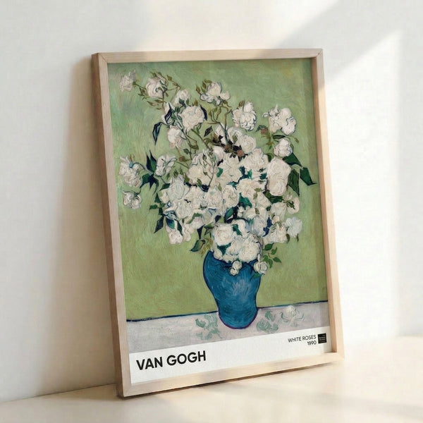 Van Gogh-inspired white roses in muted teal vase with pale green foliage, impressionist brushwork in cream and soft tones, framed print.