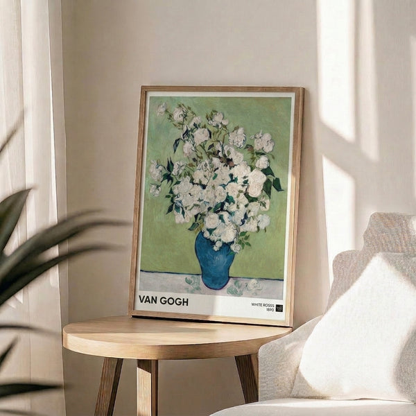 White roses with delicate pale green leaves in a teal blue vase, impressionist style poster art with serene, sophisticated palette.