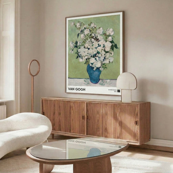 Contemplative impressionist floral artwork featuring white roses in blue vase with cream background, soft nature-inspired wall decoration.