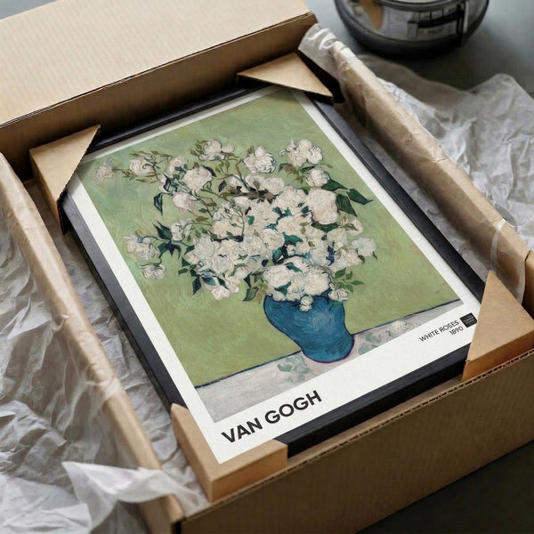 Cream and white impressionist roses with pale green stems in teal vase, elegant framed poster capturing serene botanical mood.