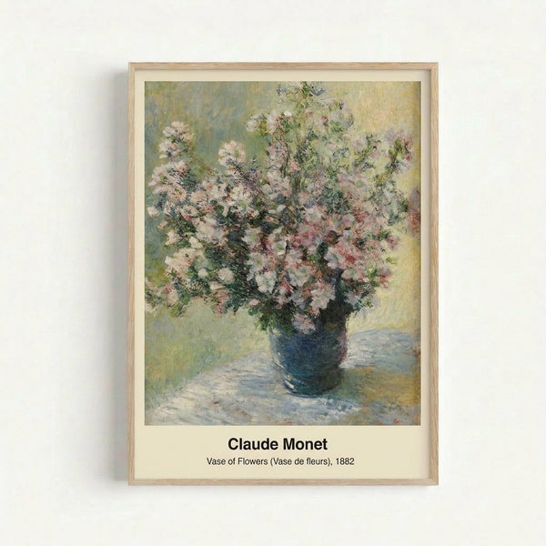 Monet-style flower painting print featuring a vase arranged with blooms in muted pinks and lavenders against a luminous cream background, evoking contemplative tranquility.