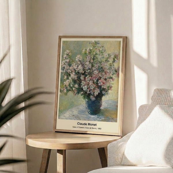 Contemplative impressionist flower painting poster featuring a vase in muted lavender, blush pink, cream, and sage green with a peaceful, dreamlike quality.