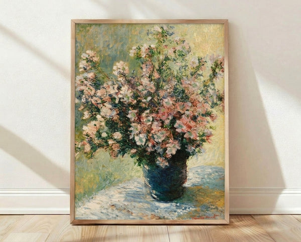 Monet's Vase of Flowers framed poster displaying soft watercolor impressionist blooms in pastel hues on a cream background.