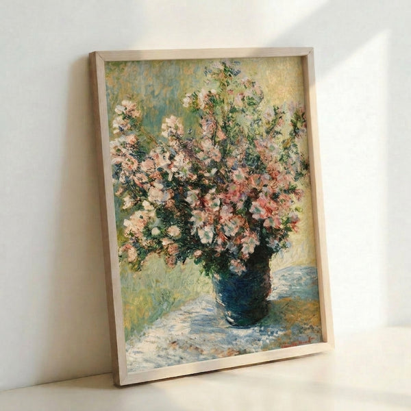 Vintage-inspired floral wall art featuring a classical vase arrangement in soft watercolor tones, characteristic of impressionist painting techniques.
