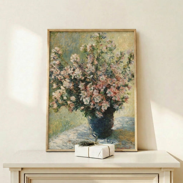 Impressionist flower painting print in a frame showing a bouquet in warm and cool pastel tones with loose, atmospheric brushwork.