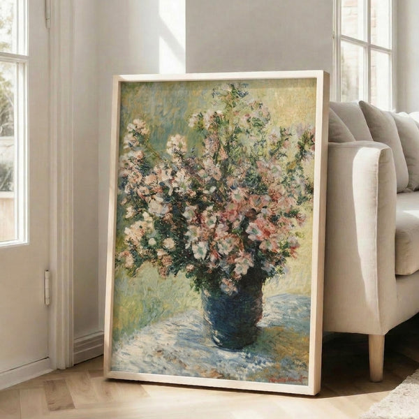 Monet's floral masterpiece framed as wall art, depicting a graceful vase of blossoms in dreamy watercolor impressionist palette.