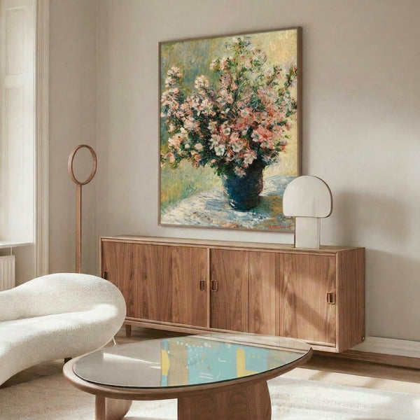 Classical flower vase artwork in soft impressionist style, framed poster with delicate petals rendered in subtle watercolor hues.