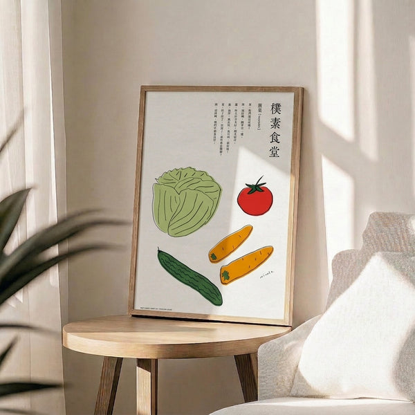Contemporary line art kitchen wall print with whimsical vegetable motifs in warm and cool tones, capturing a cheerful, boho-modern feel.