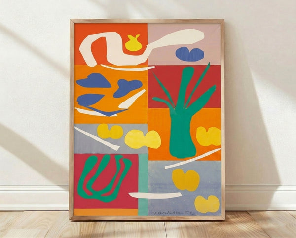Abstract cut-out poster featuring vibrant vegetables in bold red, green, and yellow shapes inspired by Henri Matisse's modernist style.